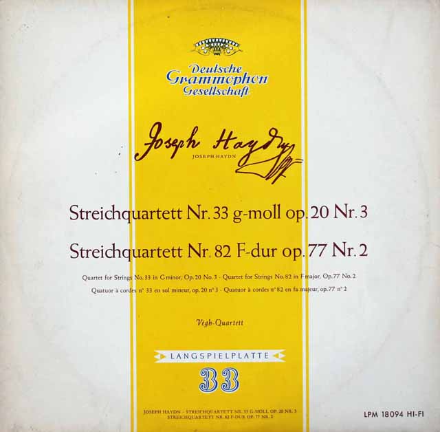 ヴェーグ四重奏団のハイドン/弦楽四重奏曲第33、82番　独DGG　3741　LP レコード