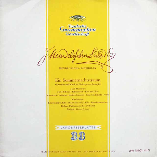 フリッチャイのメンデルスゾーン/「真夏の夜の夢」 　独DGG　3495　LP レコード