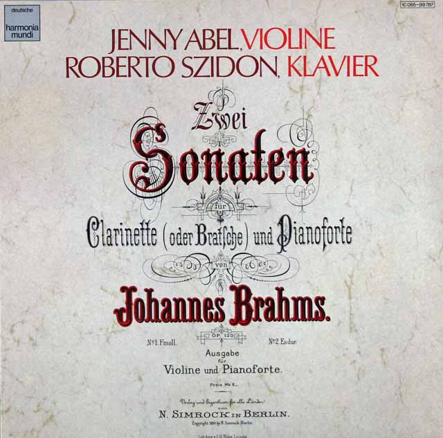 アベル、シドンのブラームス/のブラームス/ヴァイオリンソナタ集　独HM　3744　LP レコード