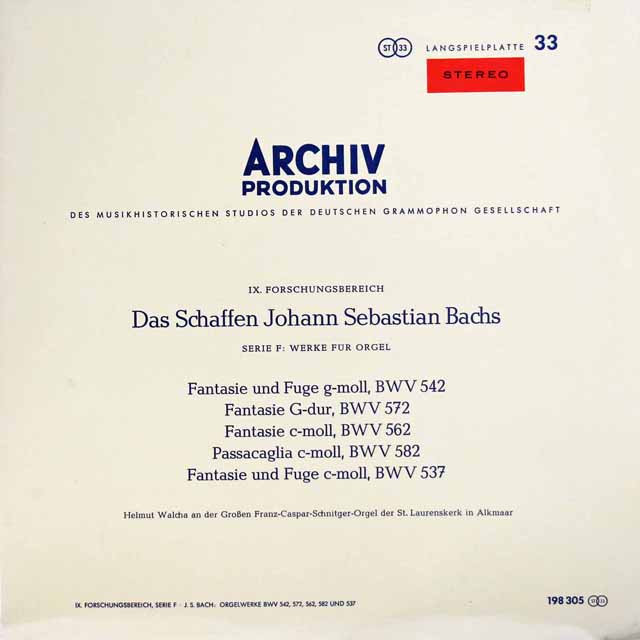 ヴァルヒャのバッハ/幻想曲とフーガ ト短調ほか　独ARCHIV　3493　LP レコード