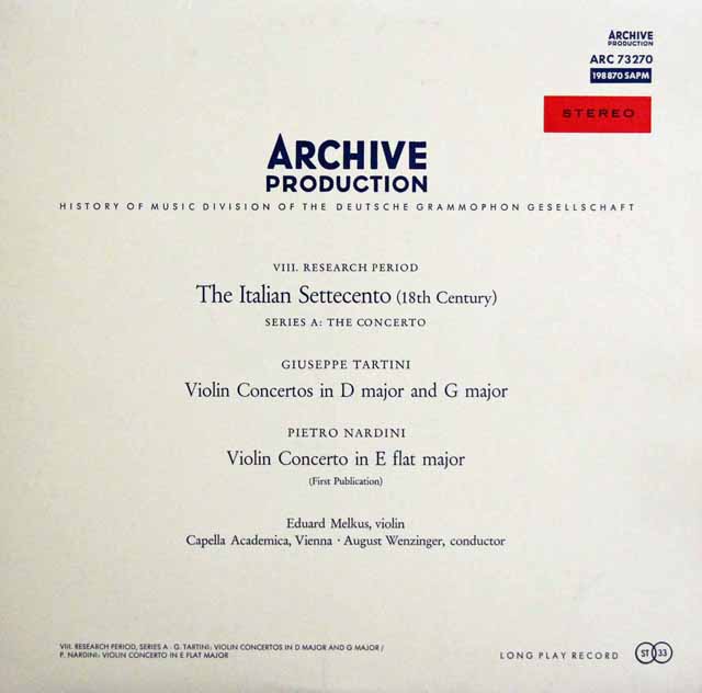 メルクス、ヴェンツィンガーのタルティーニ 、ナルディーニ/ヴァイオリン協奏曲集　独ARCHIV　3505　LP レコード