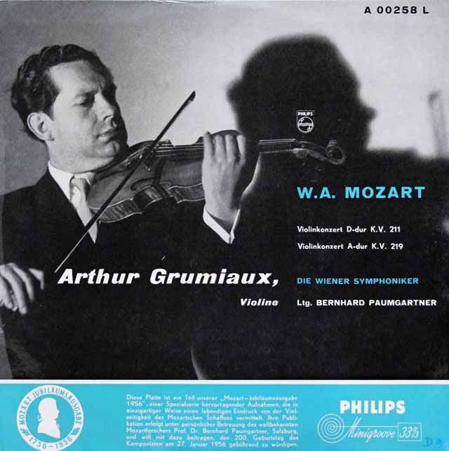 【オリジナル盤】グリュミオー&パウムガルトナーのモーツァルト/ヴァイオリン協奏曲第2&5番「トルコ風」　蘭PHILIPS　3143　LP レコード