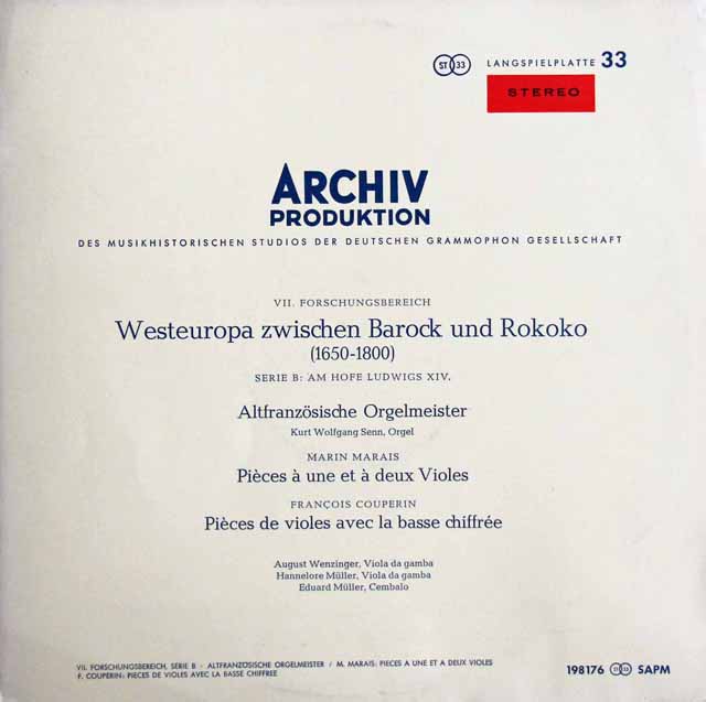 【赤ステレオ】　バロックからロココ時代の間の西ヨーロッパ（1650-1800）　（ヴェンツィンガーらのマレ&クープラン/ヴィオール作品集ほか）　独ARCHIV　3209　LP レコード