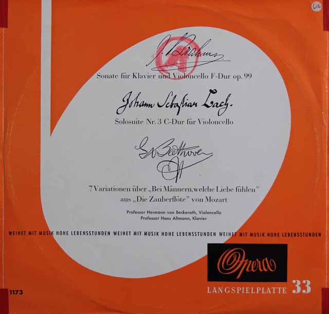 ベッケラス、アルトマンのブラームス/チェロソナタ第2番ほか　独Opera　3801　LP レコード