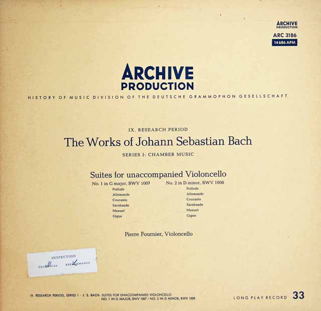 【モノラル】　フルニエのバッハ/無伴奏チェロ組曲全曲　独ARCHIV　3313　LP レコード