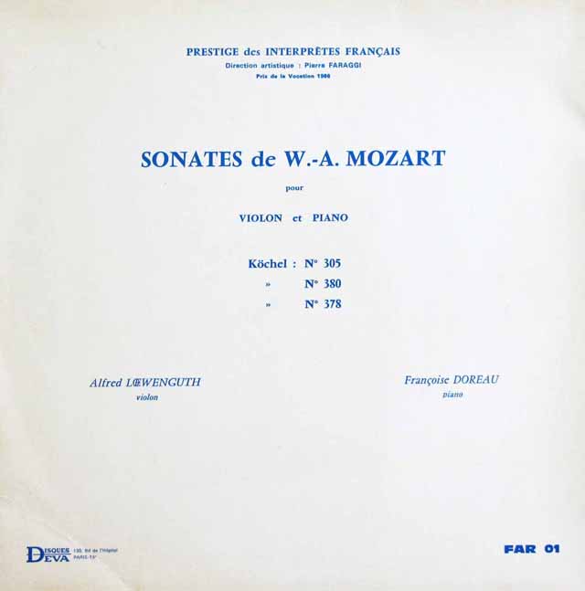 【プライベート・オリジナル盤】　ドロワ、レーヴェングートのモーツァルト/ヴァイオリン・ソナタ選集（その1）　仏Prestige des Francais　3691　LP レコード
