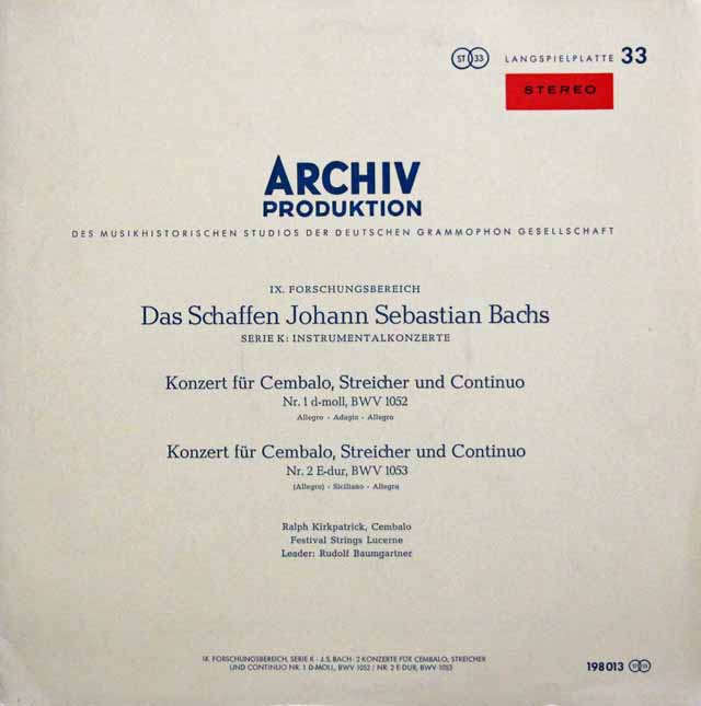 【赤ステレオ】　カークパトリック&バウムガルトナーのバッハ/チェンバロ協奏曲第1&2番　独ARCHIV　3324　LP レコード