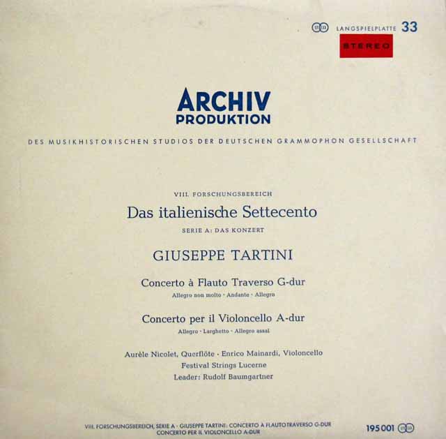 【赤ステレオ・10インチ盤】　バウムガルトナー、ニコレ、マイナルディのタルティーニ/協奏曲集　独ARCHIV　3796　LP レコード