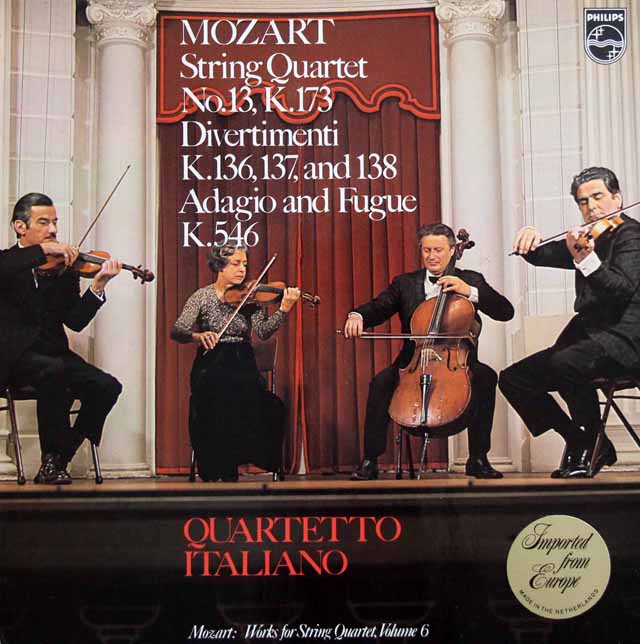 イタリア四重奏団のモーツァルト/弦楽四重奏曲第13番、ディヴェルティメント集　蘭PHILIPS　3897　LP レコード