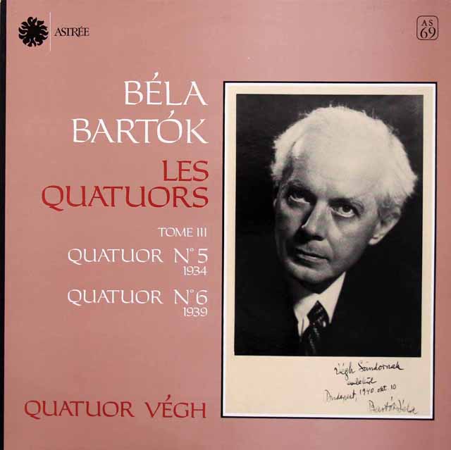 ヴェーグ四重奏団のバルトーク/弦楽四重奏曲 第5、6番　仏ASTREE　3422　LP レコード