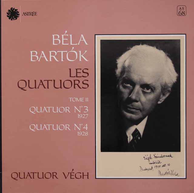 ヴェーグ四重奏団のバルトーク/弦楽四重奏曲 第3、4番　仏ASTREE　3422　LP レコード