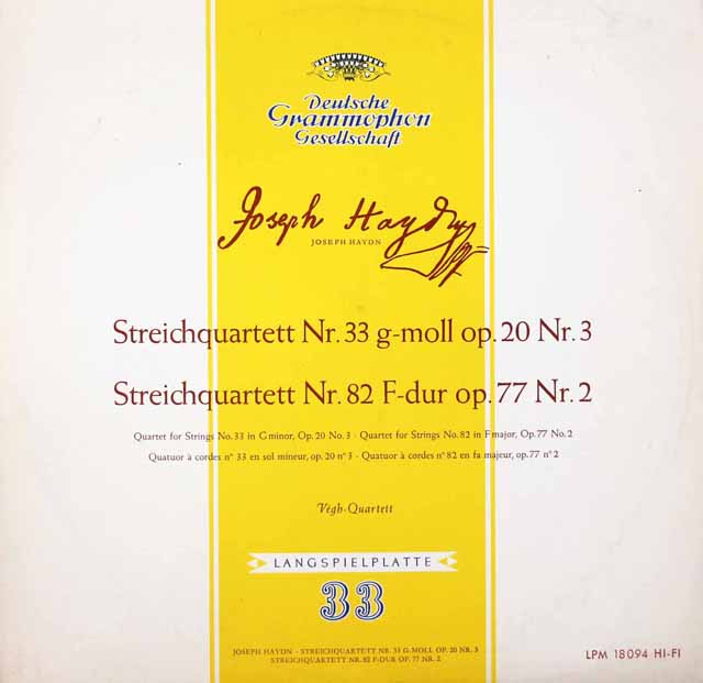 ヴェーグ四重奏団のハイドン/弦楽四重奏曲第33、82番　独DGG　3423　LP レコード