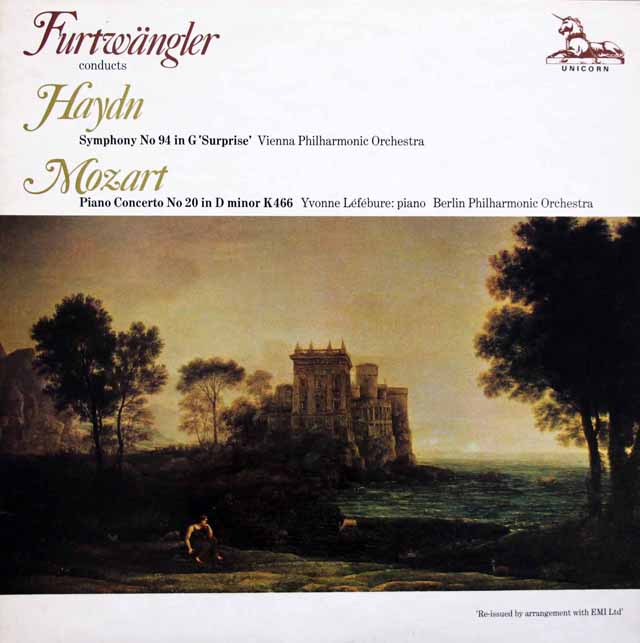 フルトヴェングラーのハイドン/交響曲第94番「驚愕」、モーツァルト/ピアノ協奏曲第20番　英UNICORN　3423　LP レコード