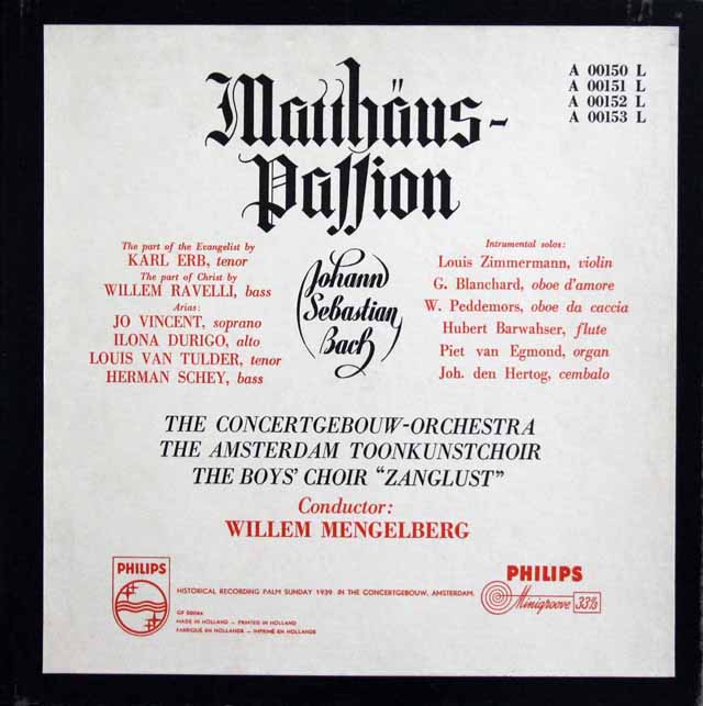 【オリジナル盤】　メンゲルベルクのバッハ/マタイ受難曲　蘭PHILIPS　3426　LP レコード