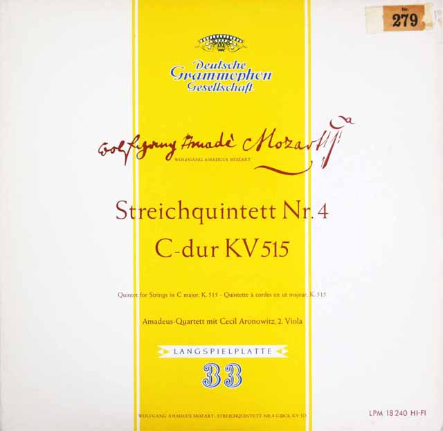【モノラル】　アマデウス四重奏団&アロノヴィッツのモーツァルト/弦楽五重奏曲第3番　独DGG　3441　LP レコード