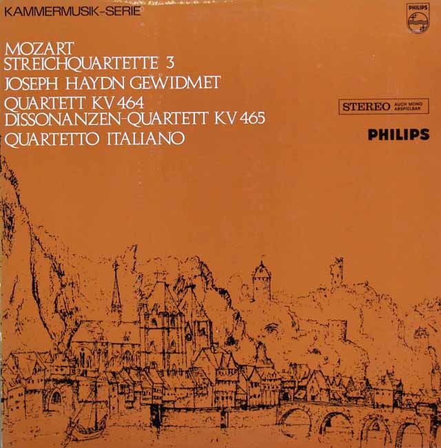 イタリア四重奏団のモーツァルト/弦楽四重奏曲第18&19番「不協和音」　蘭PHILIPS　3515　LP レコード