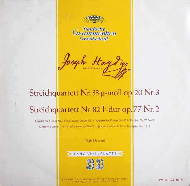 ヴェーグ四重奏団のハイドン/弦楽四重奏曲第33、82番　独DGG　3518　LP レコード