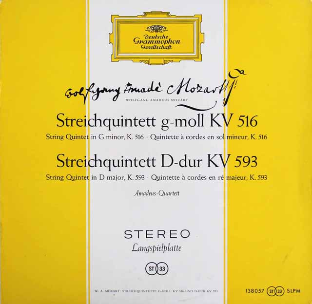 アマデウス四重奏団&アロノヴィッツのモーツァルト/弦楽五重奏曲第4、5番　独DGG　3520　LP レコード