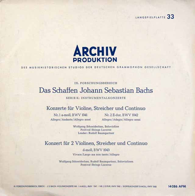 【オリジナル盤】シュナイダーハン、バウムガルトナーのバッハ/ヴァイオリン協奏曲第1、2番ほか　独ARCHIV　3524　LP レコード