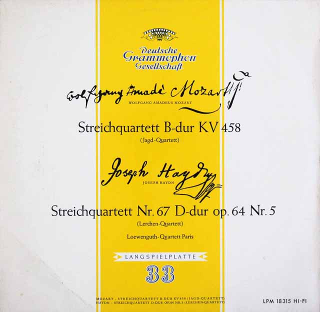 レーヴェングート四重奏団のモーツァルト/「狩り」、ハイドン/「ひばり」　独DGG　3539　LP レコード