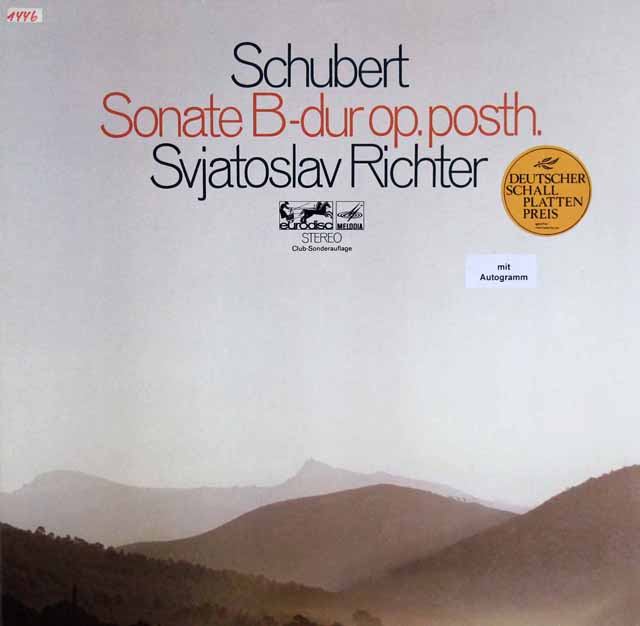 【サイン入りフォト付き】　リヒテルのシューベルト/ピアノソナタ第21番　独eurodisc　3604　LP レコード