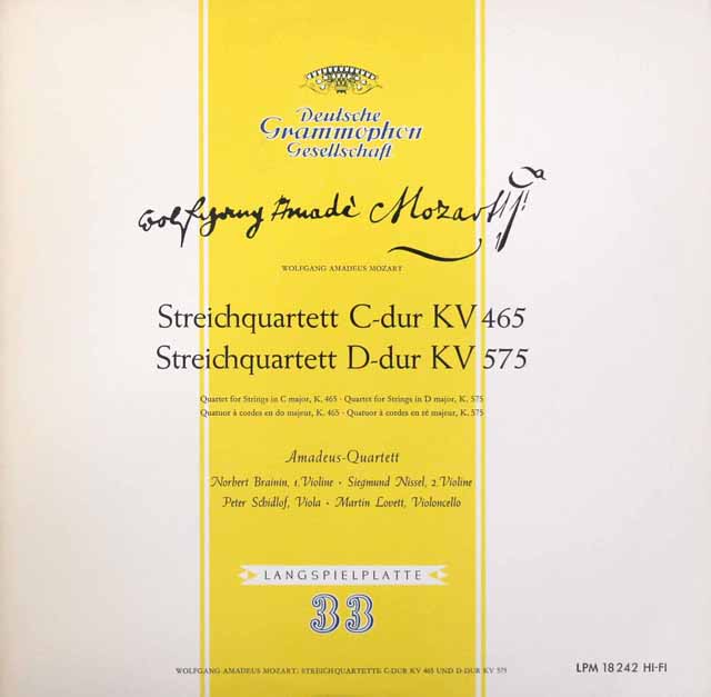 アマデウス四重奏団のモーツァルト/弦楽四重奏曲第19番 「不協和音」ほか　独DGG　3605　LP レコード