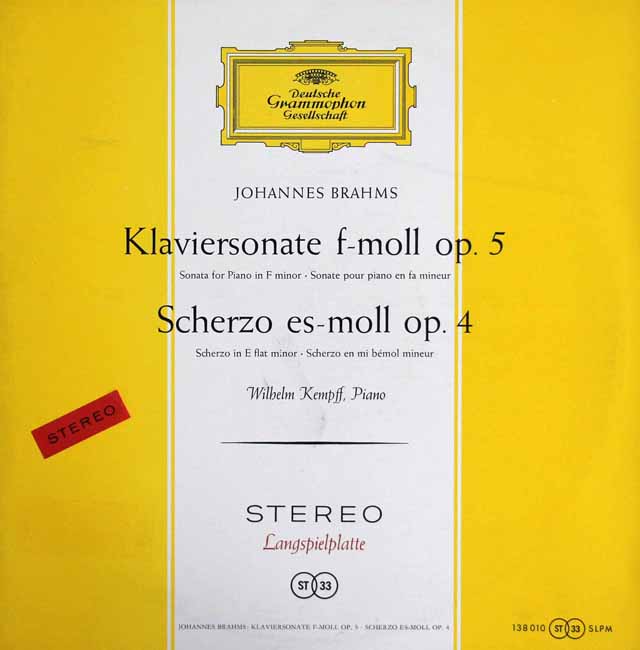 【赤ステレオ（フラット盤）/独最初期盤】　ケンプのブラームス/ピアノソナタ第3番ほか　独DGG　3608　LP レコード