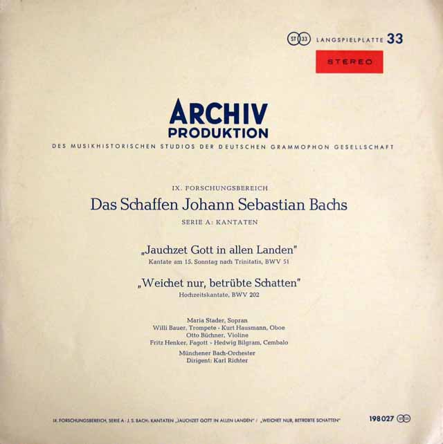 【カルテ付き】　リヒターのバッハ/カンタータ「全地よ、神に向かいて歓呼せよ」ほか 　独ARCHIV　3610　LP レコード