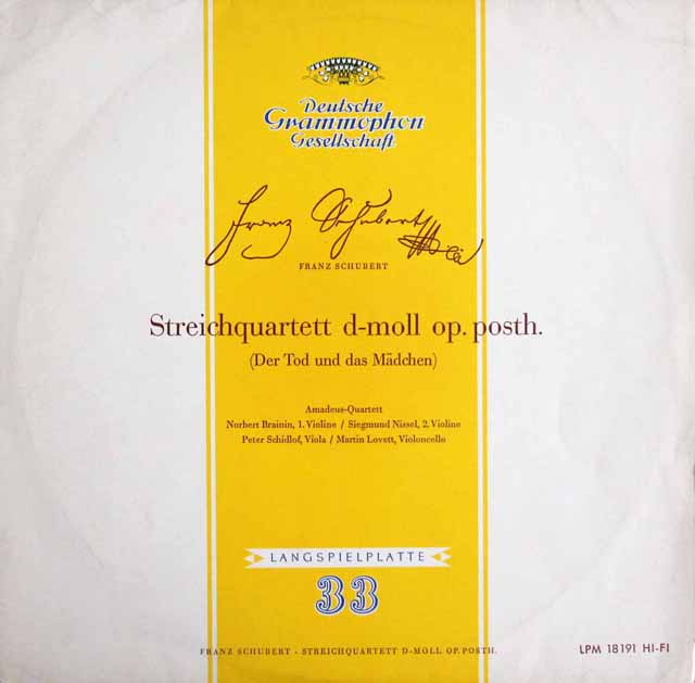 アマデウス四重奏団のシューベルト/弦楽四重奏曲第14番「死と乙女」　独DGG　3610　LP レコード