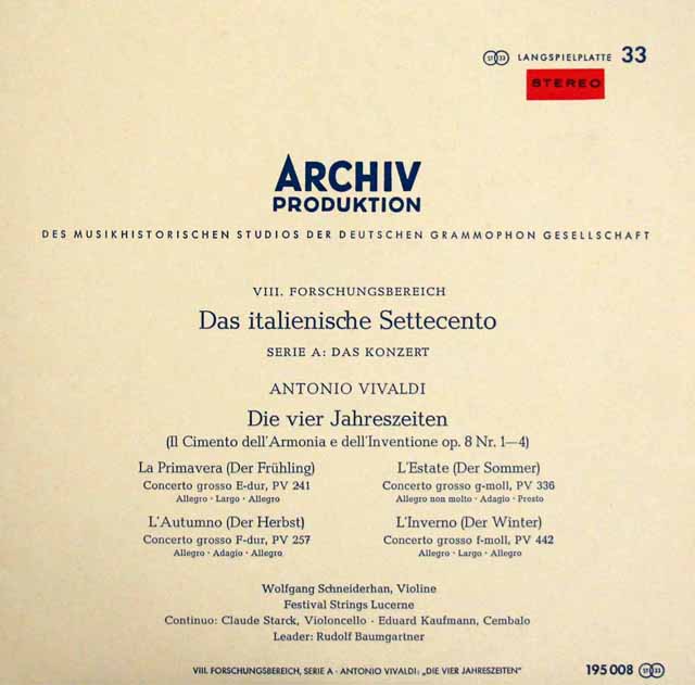 【赤ステレオ、10インチ盤】　シュナイダーハン、バウムガルトナーのヴィヴァルディ/「四季」　独ARCHIV　3619　LP レコード