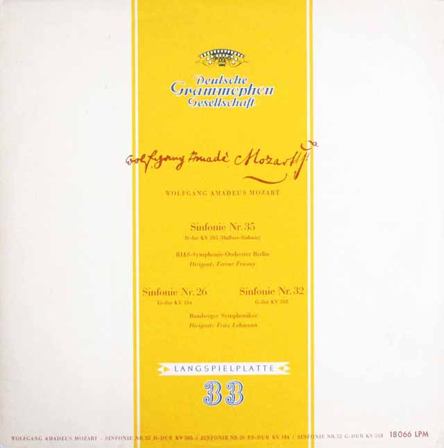 フリッチャイ、レーマンのモーツァルト/交響曲第35番「ハフナー」ほか　独DGG　3622　LP レコード