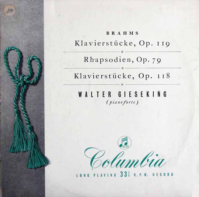 【オリジナル盤】　ギーゼキングのブラームス/4つの小品ほか　英Columbia　3636　LP レコード