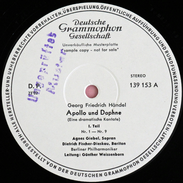 【白レーベル/非売品(テストプレス)】　F.=ディースカウ、ヴァイセンボルンのヘンデル/「アポロとダフネ」　独DGG　3711　LP レコード