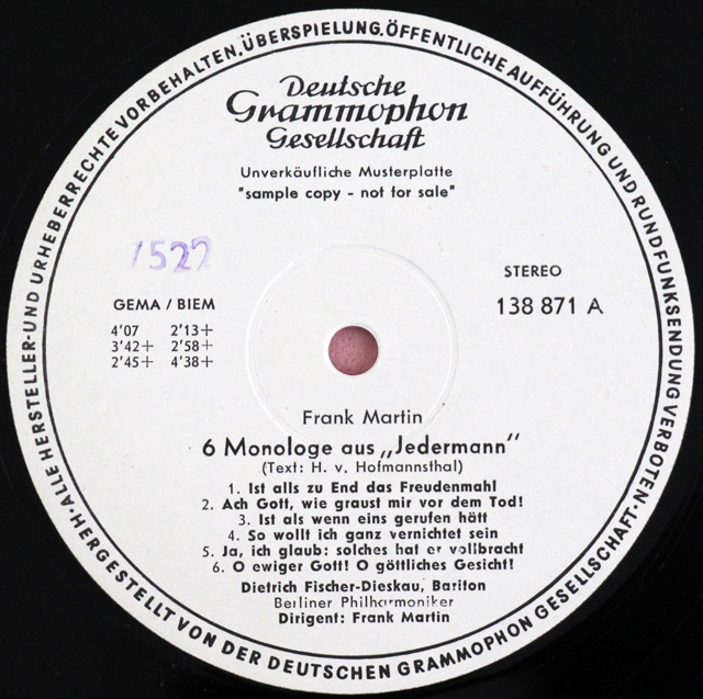 【白レーベル/非売品(テストプレス)】　F=ディースカウのマルティン/「イェーダーマン」より6つの独白 ほか　独DGG　3711　LP レコード
