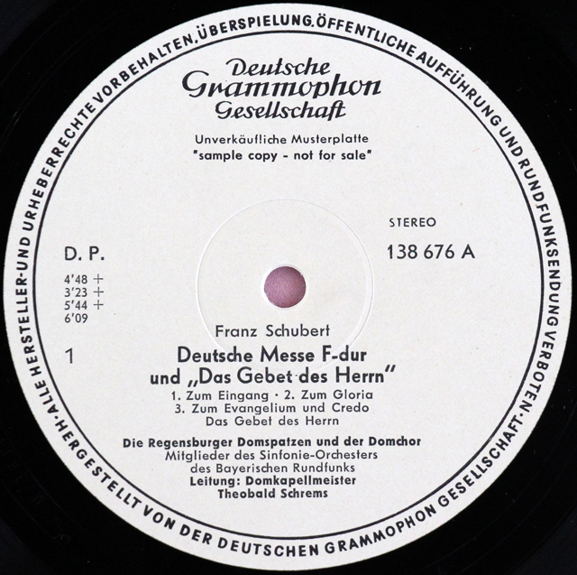 【白レーベル/非売品】　シュレムス、レーゲンスブルグ大聖堂合唱団のシューベルト/ドイツ・ミサ曲ヘ長調 ほか　独DGG　3711　LP レコード