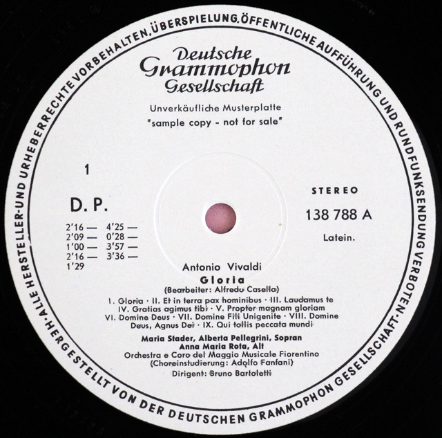 【白レーベル/非売品】　バルトレッティのヴィヴァルディ/グローリア とクレド　独DGG　3711　LP レコード