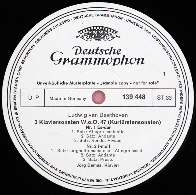 【白レーベル/非売品(テストプレス)】　デームス、シェットラーのベートーヴェン/3つの選帝侯ソナタほか　独DGG　3711　LP レコード