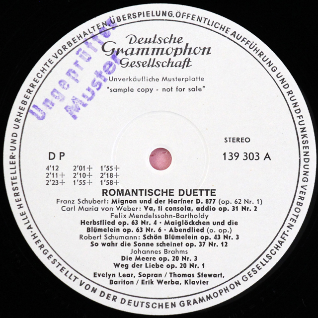 【白レーベル/非売品(テストプレス)】　リアー＆スチュアートの「ロマンティック・デュエット」　独DGG　3711　LP レコード