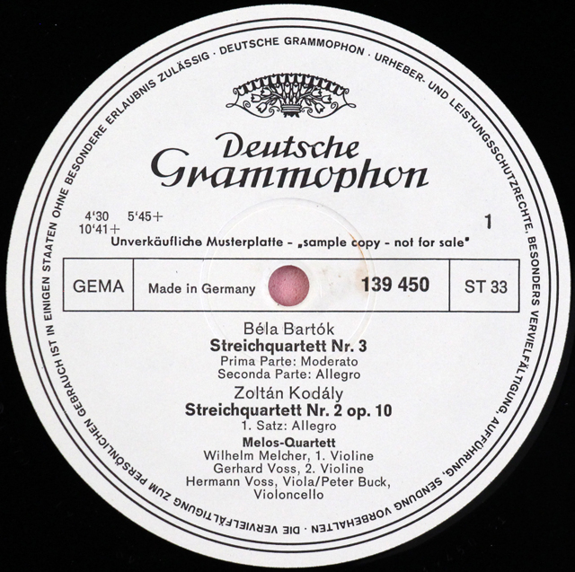 【白レーベル/非売品(テストプレス)】　メロス四重奏団のハンガリーの弦楽四重奏曲集（バルトーク、コダーイほか）　独DGG　3711　LP レコード