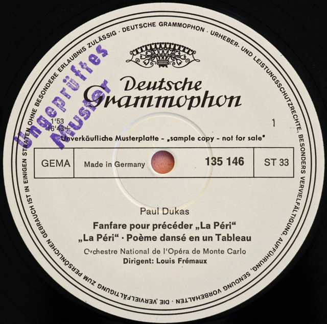 【白レーベル/非売品(テストプレス)】　フレモーのデュカス/「魔法使いの弟子」 ほか　独DGG　3713　LP レコード