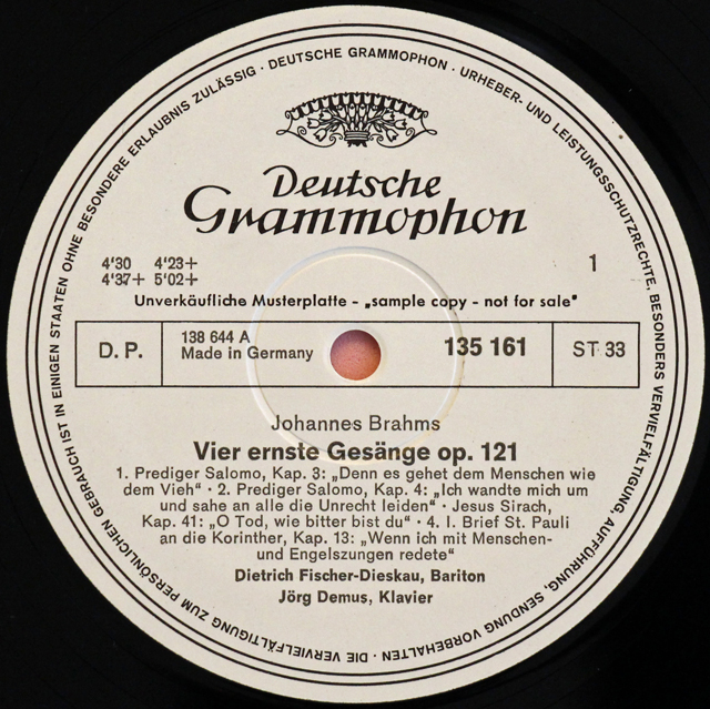 【白レーベル/非売品(テストプレス)】　F=ディースカウ、デームスのブラームス/「4つの厳粛な歌」ほか　独DGG　3713　LP レコード