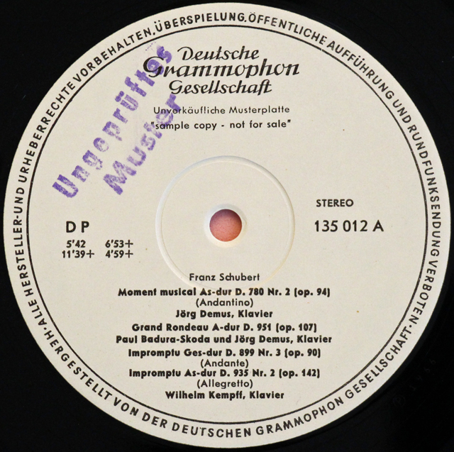 【白レーベル/非売品(テストプレス)】　デームスのシューベルト/「楽興の時」ほかピアノ作品集　独DGG　3713　LP レコード