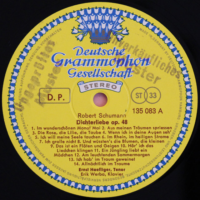 【非売品(テストプレス)】　ヘフリガー、ヴェルバのシューマン/「詩人の恋」ほか　独DGG　3713　LP レコード