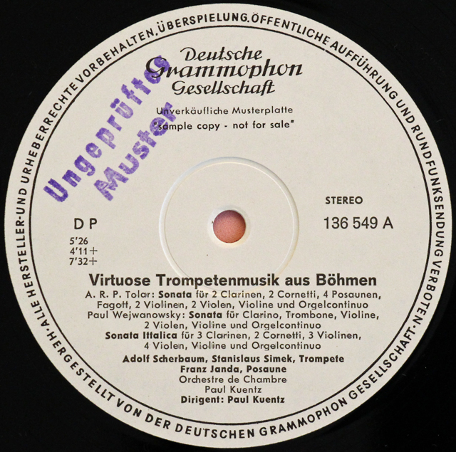 【白レーベル/非売品(テストプレス)】　シェルバウムのボヘミアのヴィルトーゾ・トランペット音楽集　独DGG　3713　LP レコード