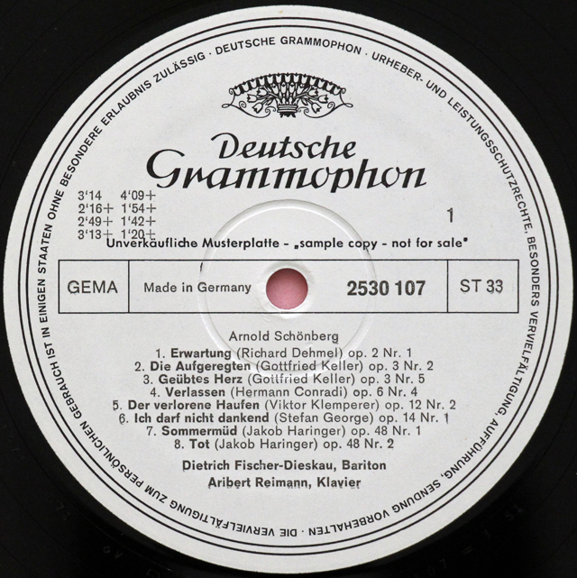 【白レーベル/非売品】　F=ディースカウ、ライマンの新ウィーン楽派歌曲集　独DGG　3713　LP レコード