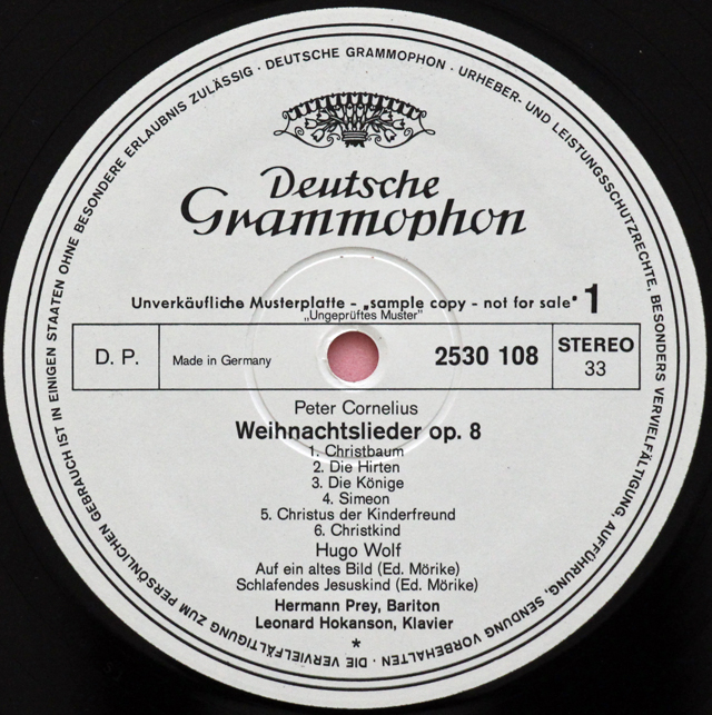 【白レーベル/非売品】　プライ、ホカンソンのコルネリウス/歌曲集「クリスマスの歌」ほか　独DGG　3713　LP レコード