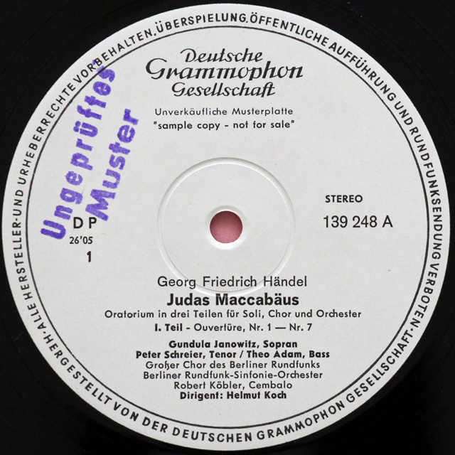 【白レーベル/非売品(テストプレス)】　コッホのヘンデル/オラトリオ「マカベウスのユダ」　独DGG　3713　LP レコード