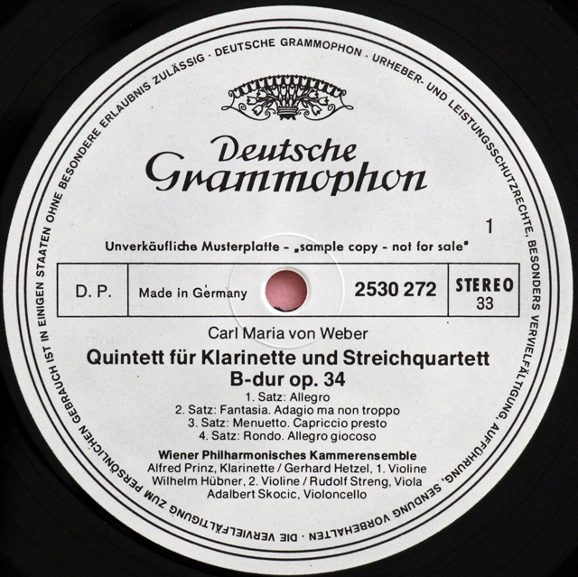 【白レーベル/非売品】　プリンツ、ウィーン室内合奏団のウェーバー、ヒンデミット/クラリネット五重奏曲　独DGG　3714　LP レコード