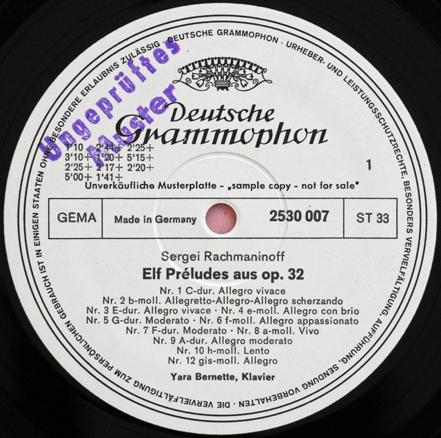 【白レーベル/非売品(テストプレス)】　ベルネットのラフマニノフ/前奏曲集　独DGG　3715　LP レコード