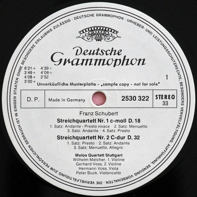 【白レーベル/非売品】　メロス四重奏団のシューベルト/弦楽四重奏曲第1~3番　独DGG　3715　LP レコード